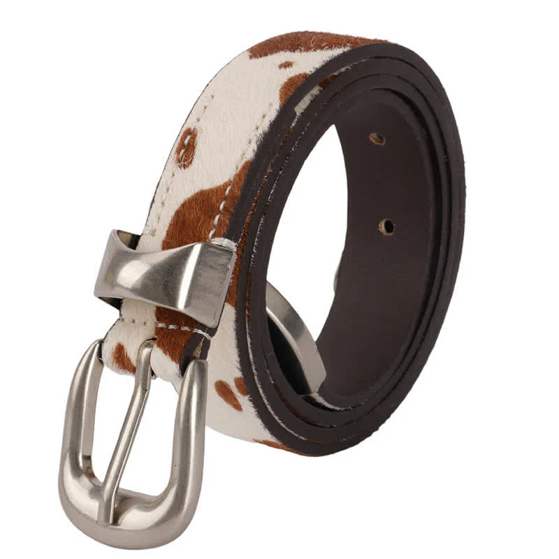 Faux Fur Cow Print Classic Silver Buckle Leather Belt - Image 4