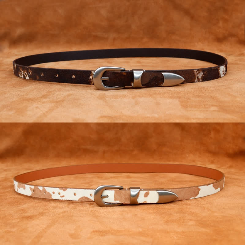 Faux Fur Cow Print Classic Silver Buckle Leather Belt - Image 6