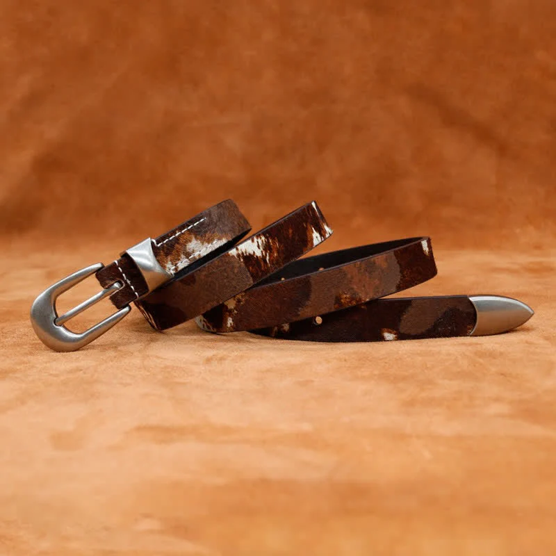 Faux Fur Cow Print Classic Silver Buckle Leather Belt - Image 8