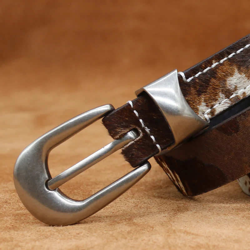 Faux Fur Cow Print Classic Silver Buckle Leather Belt - Image 9