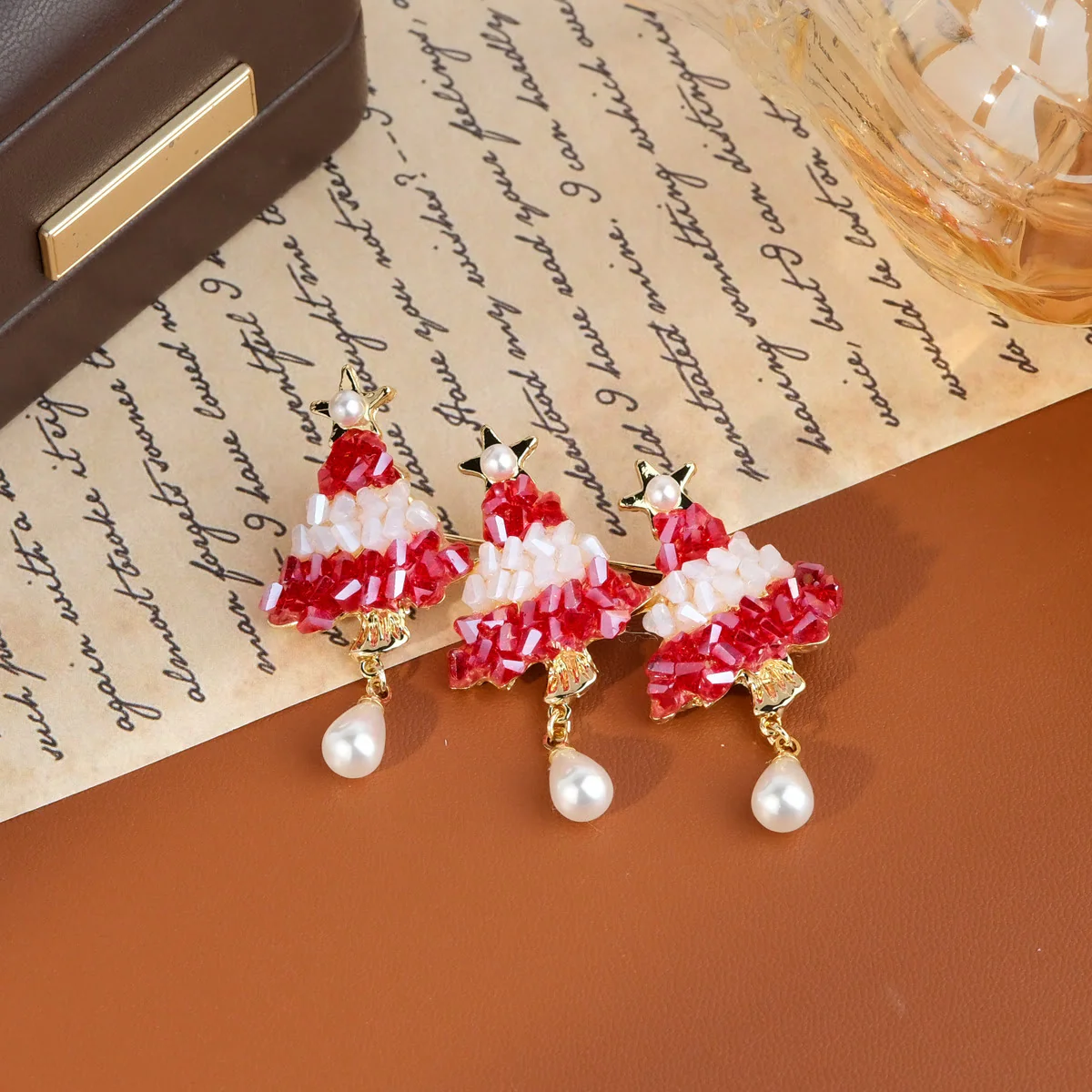 Festive Beaded Christmas Tree with Pearl Drop Holiday Brooch - Image 5