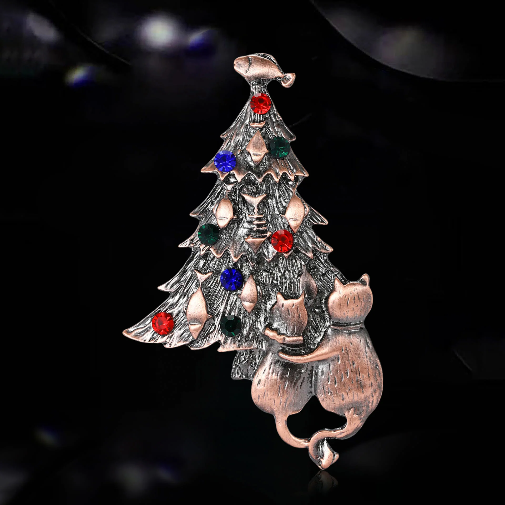 Festive Enamel Christmas Tree with Cat and Fish Dual-Tone Brooch - Image 5
