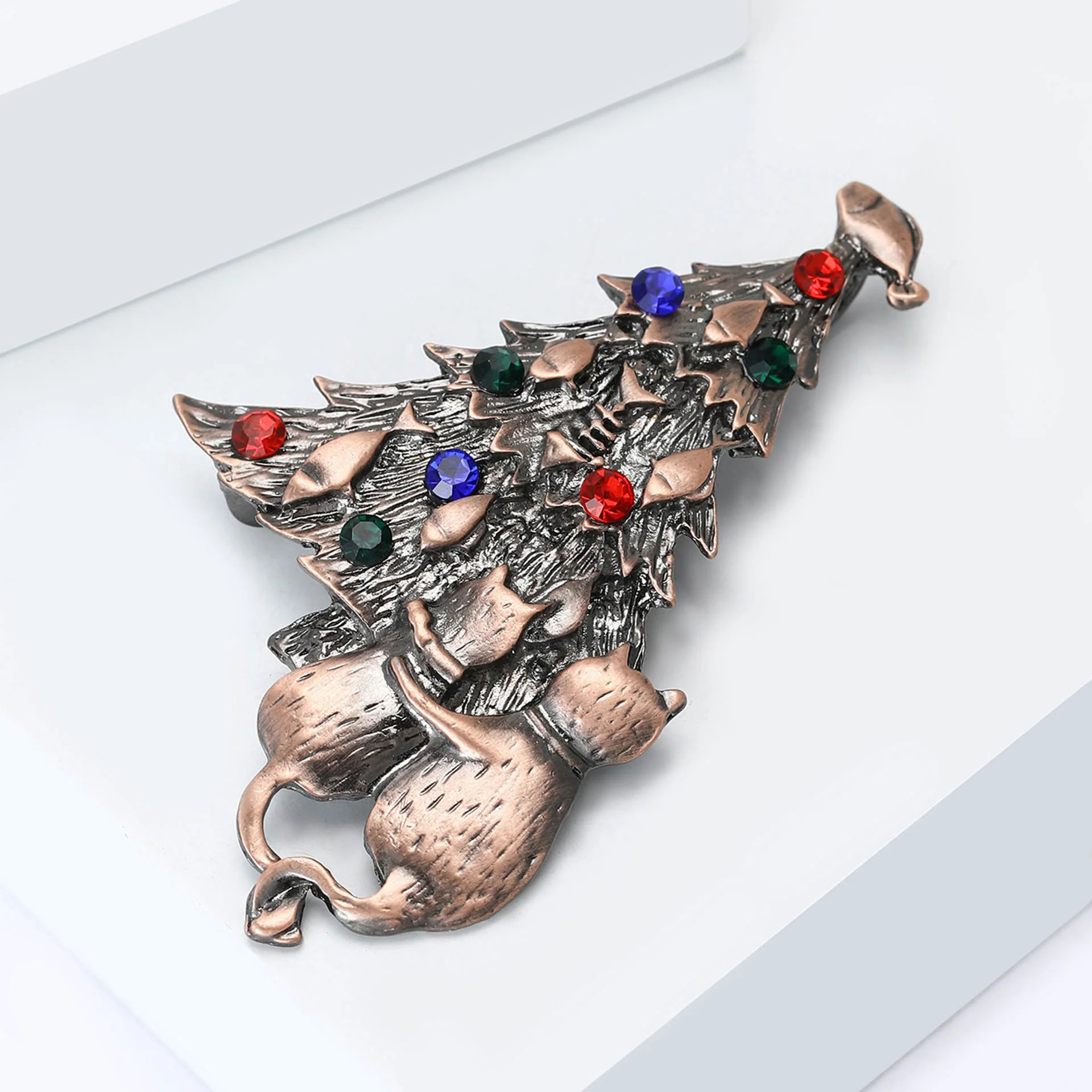 Festive Enamel Christmas Tree with Cat and Fish Dual-Tone Brooch - Image 7