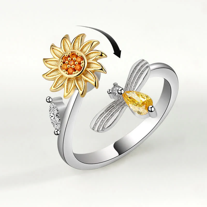 Fidget Spinning Sunflower Rose Bee Adjustable Ring - Image 3