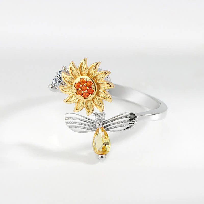 Fidget Spinning Sunflower Rose Bee Adjustable Ring - Image 4