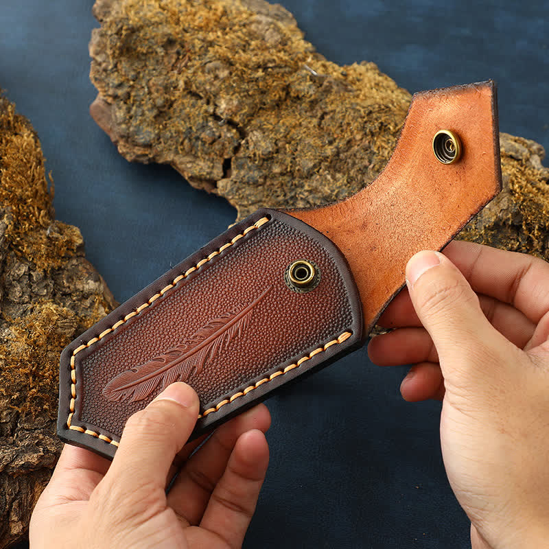 Flip Cover Feather Embossing Folding Knife Sheath Leather Belt Bag - Image 2