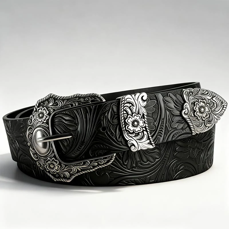 Floral Embossed Decorative Buckle Leather Belt - Image 2