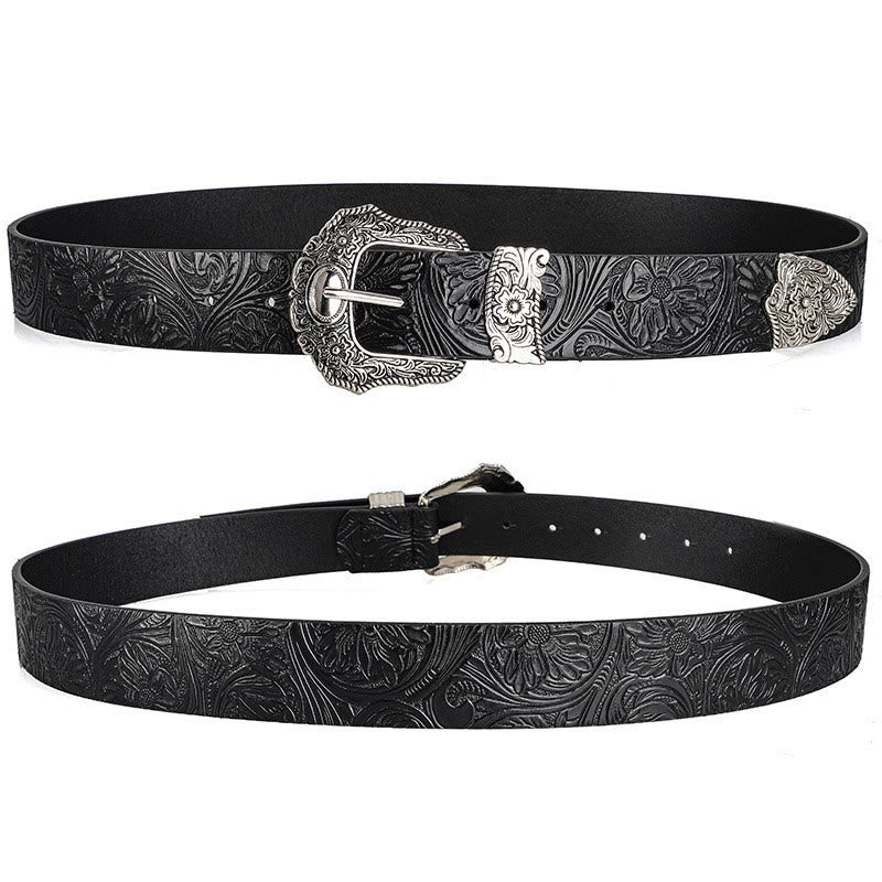 Floral Embossed Decorative Buckle Leather Belt - Image 3