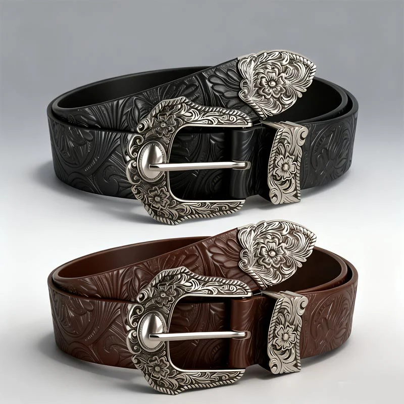 Floral Embossed Decorative Buckle Leather Belt - Image 4