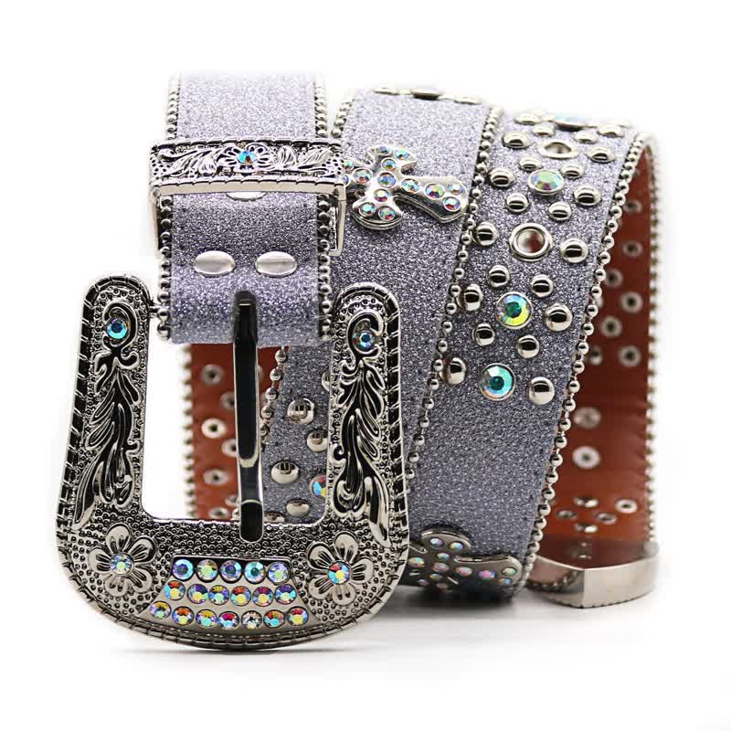 Flower Carved Buckle Rhinestone Rivet Leather Belt - Image 2