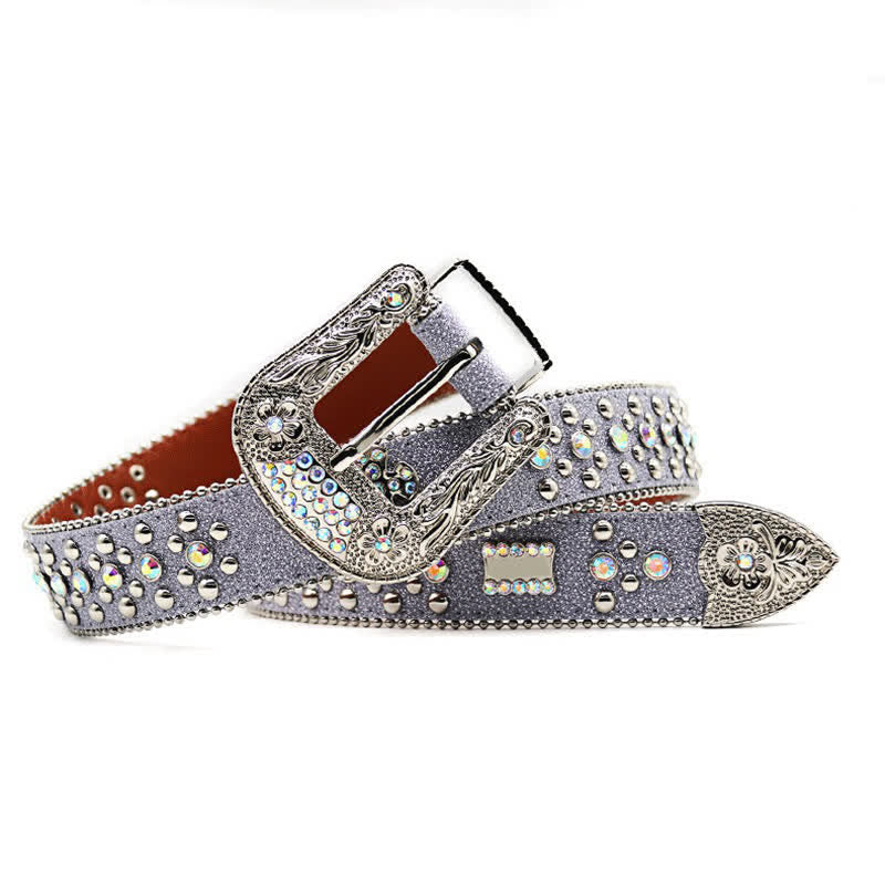 Flower Carved Buckle Rhinestone Rivet Leather Belt - Image 4