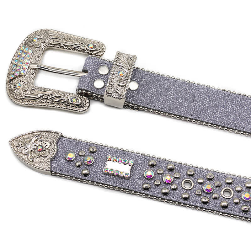 Flower Carved Buckle Rhinestone Rivet Leather Belt - Image 6