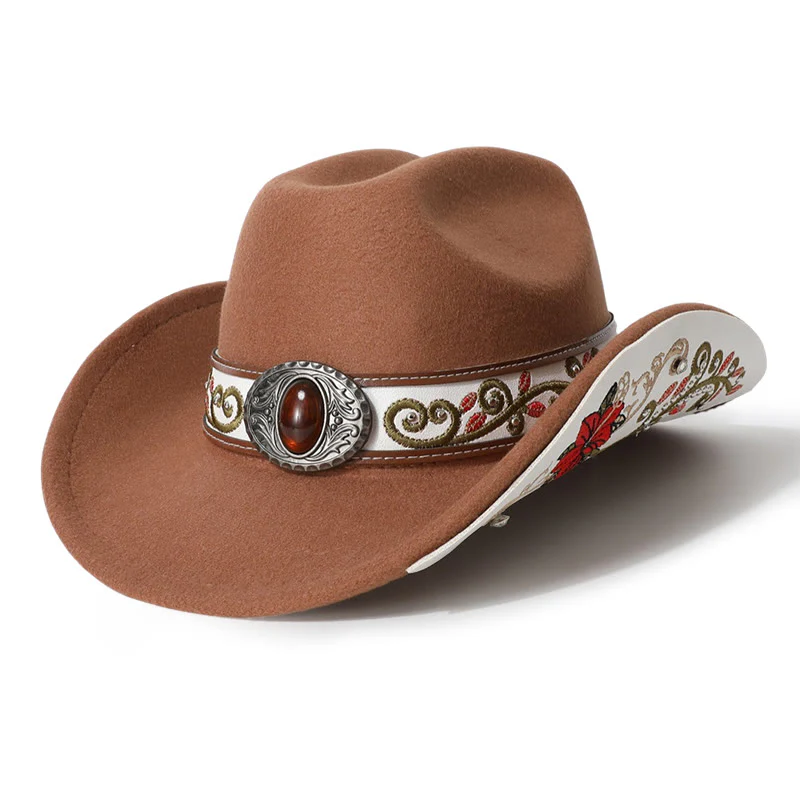 Flower Embroidered Ruby Brim Belt Men's Cowboy Hat - Image 9