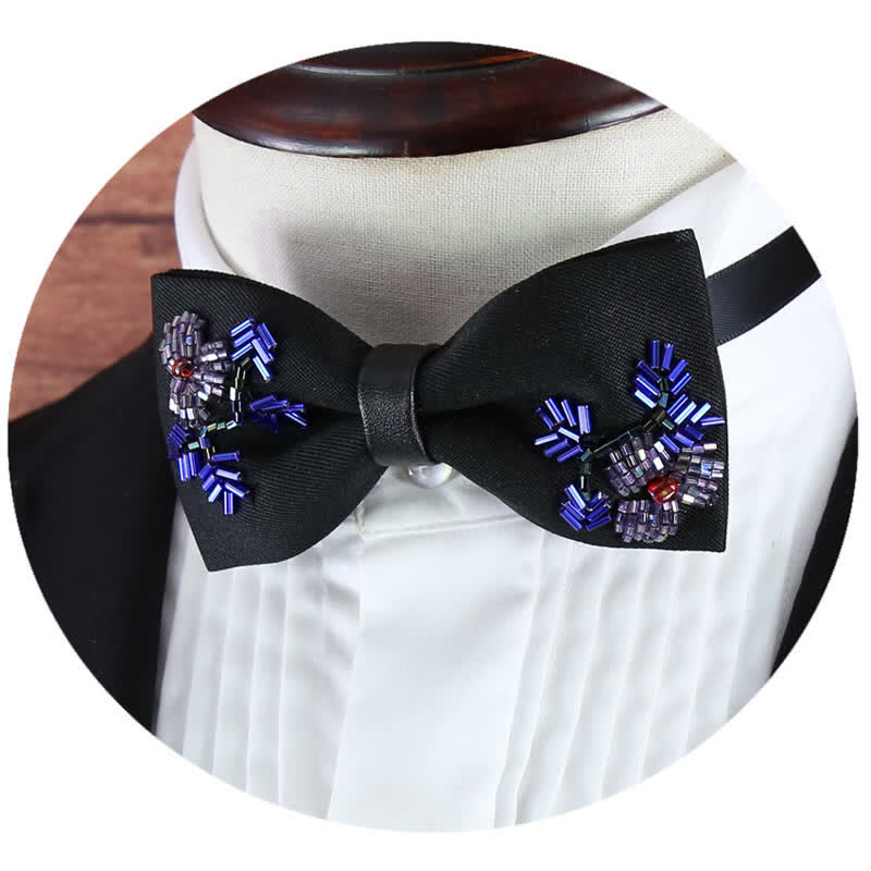 Flower Shape Beaded Embroidery Black Bow Tie - Image 2