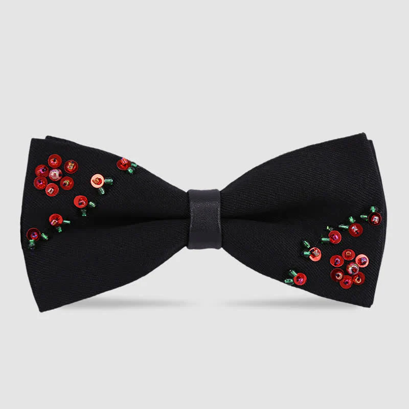 Flower Shape Beaded Embroidery Black Bow Tie - Image 4