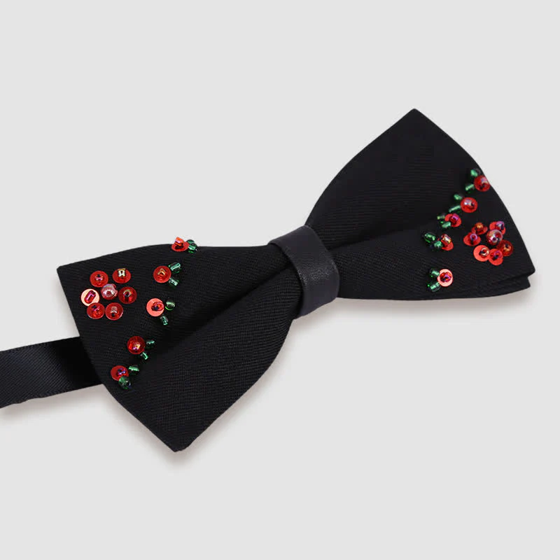 Flower Shape Beaded Embroidery Black Bow Tie - Image 5