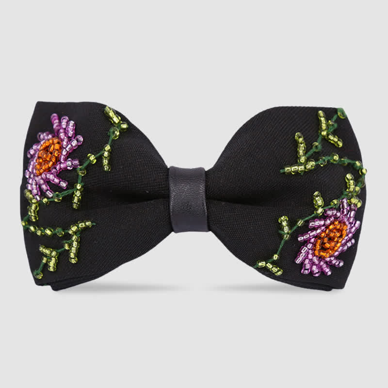 Flower Shape Beaded Embroidery Black Bow Tie - Image 7
