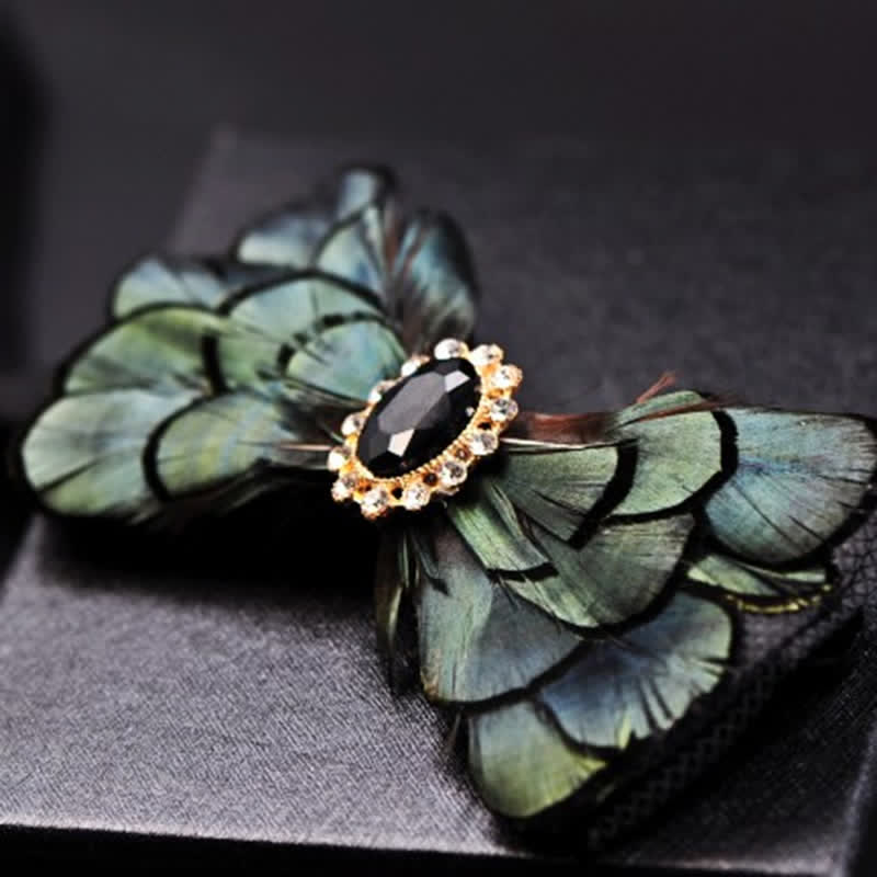 Forest Green Crystal Party Formal Feather Bow Tie - Image 7