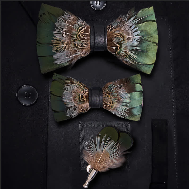 Forest Green Pheasant Feather Bow Tie with Lapel Pin - Image 6