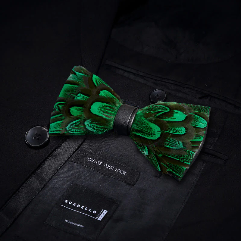 ForestGreen & Black Peacock Feather Bow Tie with Lapel Pin - Image 3