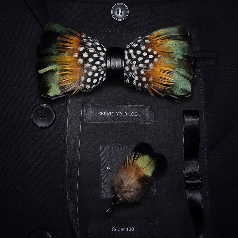 ForestGreen & Orange Vintage Feather Bow Tie with Lapel Pin