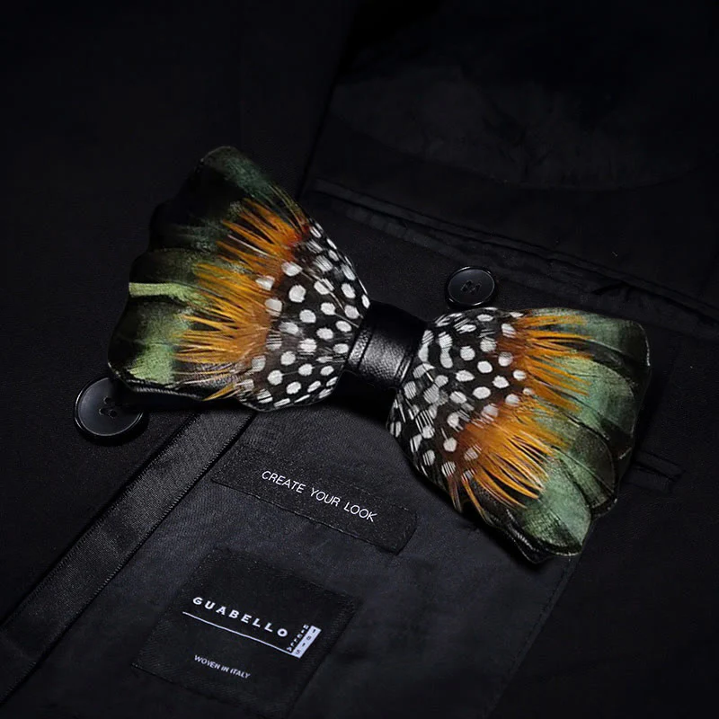 ForestGreen & Orange Vintage Feather Bow Tie with Lapel Pin - Image 2