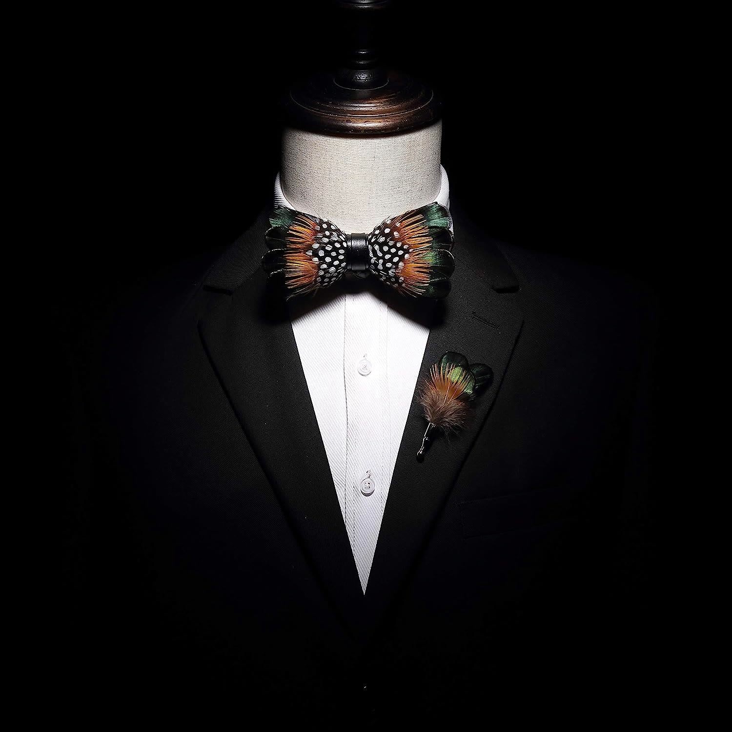 ForestGreen & Orange Vintage Feather Bow Tie with Lapel Pin - Image 3