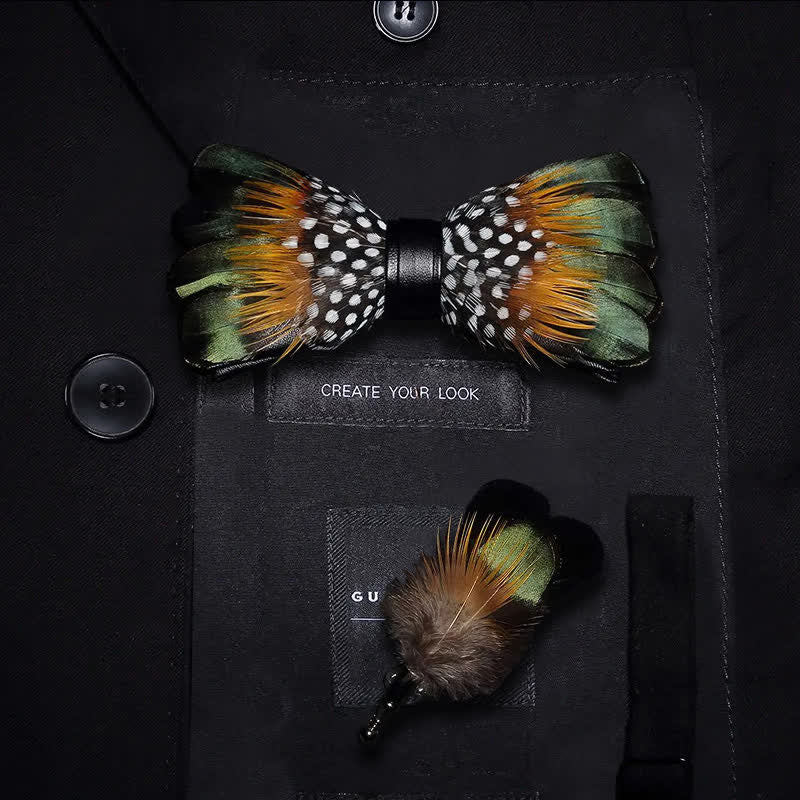 ForestGreen & Orange Vintage Feather Bow Tie with Lapel Pin - Image 6