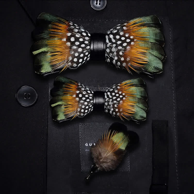 ForestGreen & Orange Vintage Feather Bow Tie with Lapel Pin - Image 7