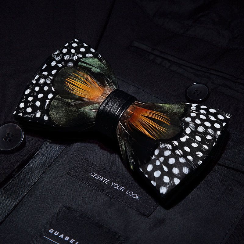 ForestGreen & Orange White Dots Feather Bow Tie with Lapel Pin - Image 2