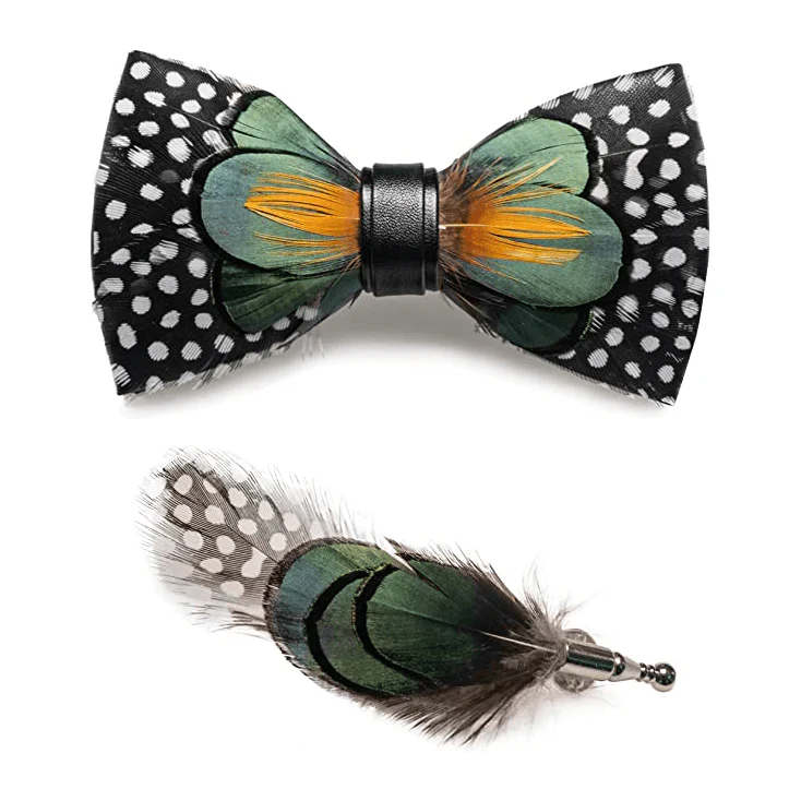 ForestGreen & Orange White Dots Feather Bow Tie with Lapel Pin - Image 3