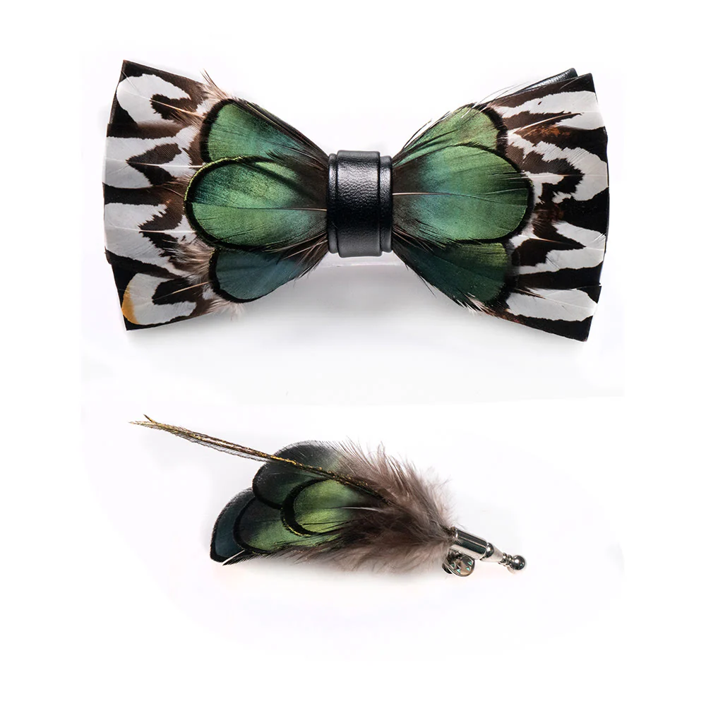 ForestGreen & White Feather Bow Tie with Lapel Pin - Image 3