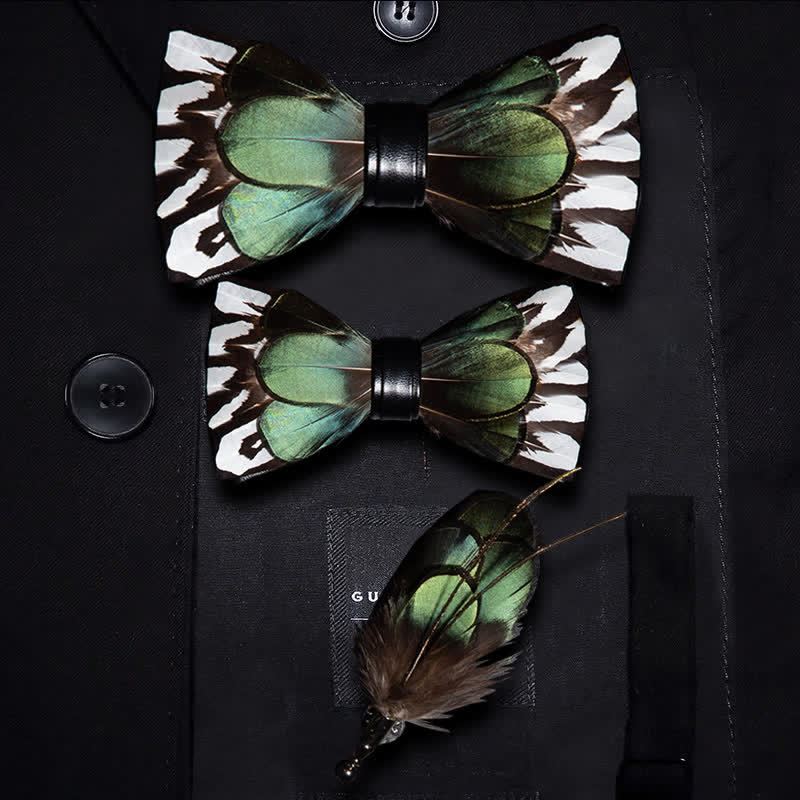 ForestGreen & White Feather Bow Tie with Lapel Pin - Image 6