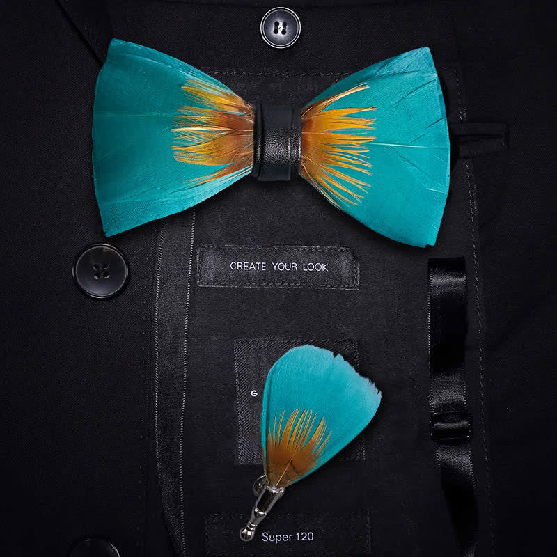 Forestgreen & Yellow Feather Bow Tie with Lapel Pin