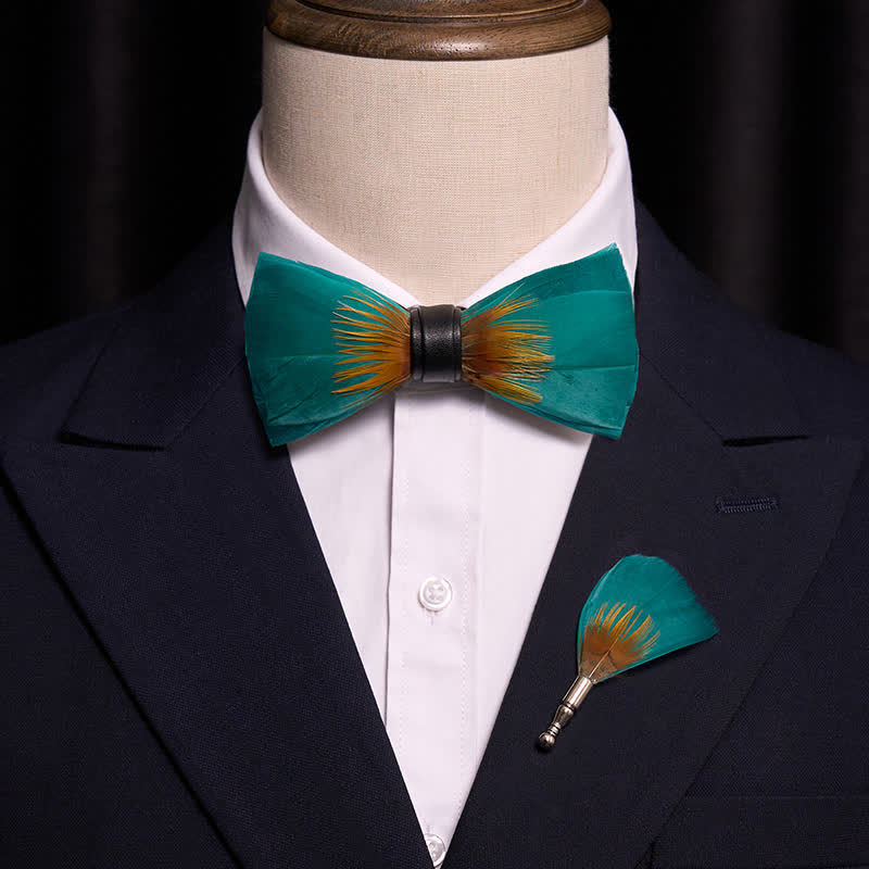 Forestgreen & Yellow Feather Bow Tie with Lapel Pin - Image 2