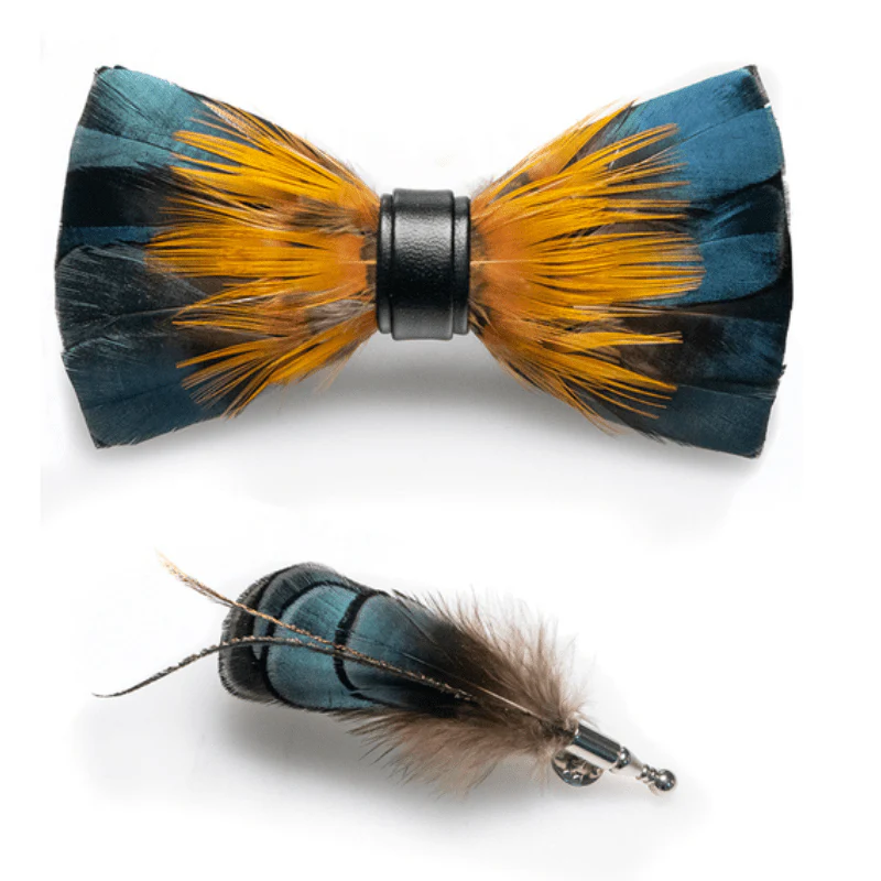 ForestGreen & Yellow Kingfisher Feather Bow Tie with Lapel Pin - Image 4