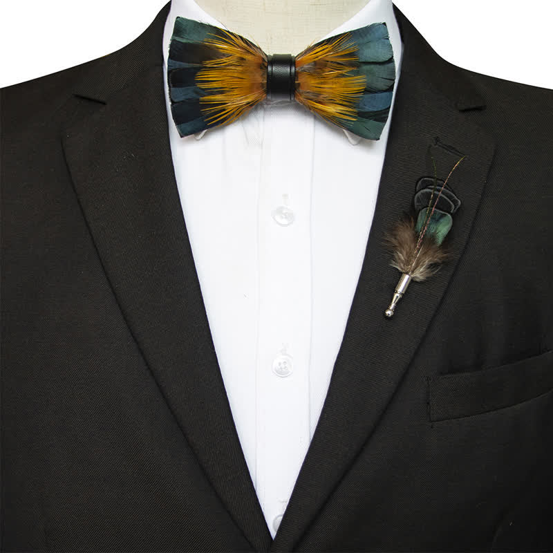 ForestGreen & Yellow Kingfisher Feather Bow Tie with Lapel Pin - Image 6