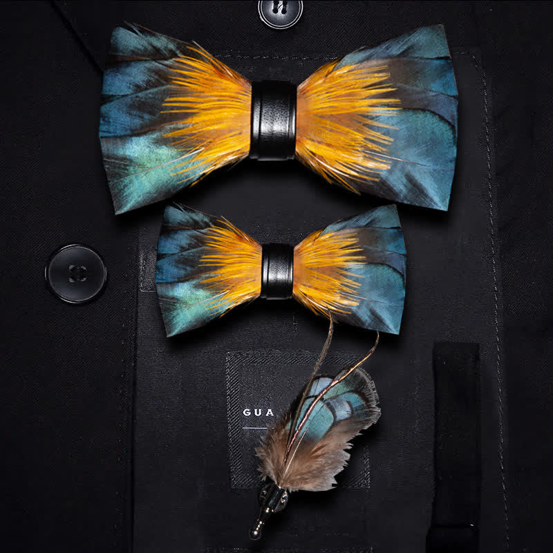 ForestGreen & Yellow Kingfisher Feather Bow Tie with Lapel Pin - Image 8