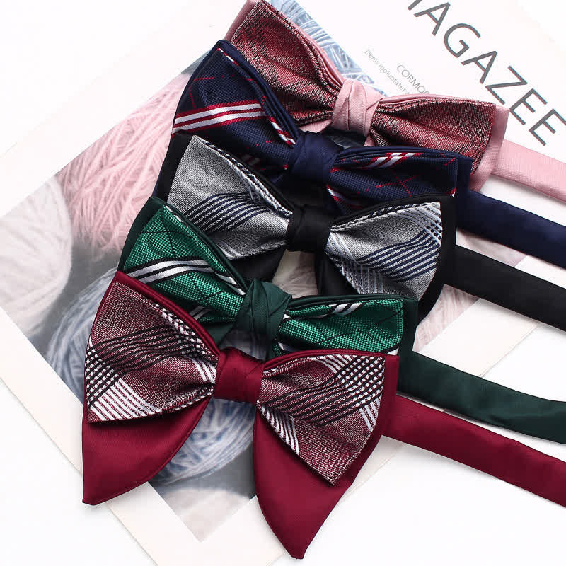 Formal Plaid Striped Double Layers Oversized Pointed Bow Tie - Image 6