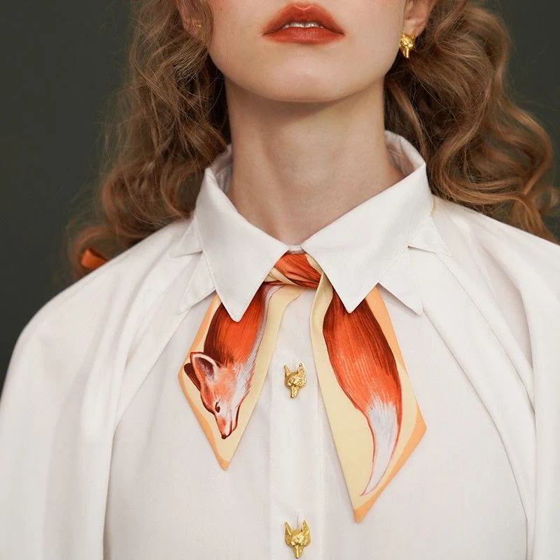 Fox Oil Painting Style Print Narrow Skinny Cravat - Image 2