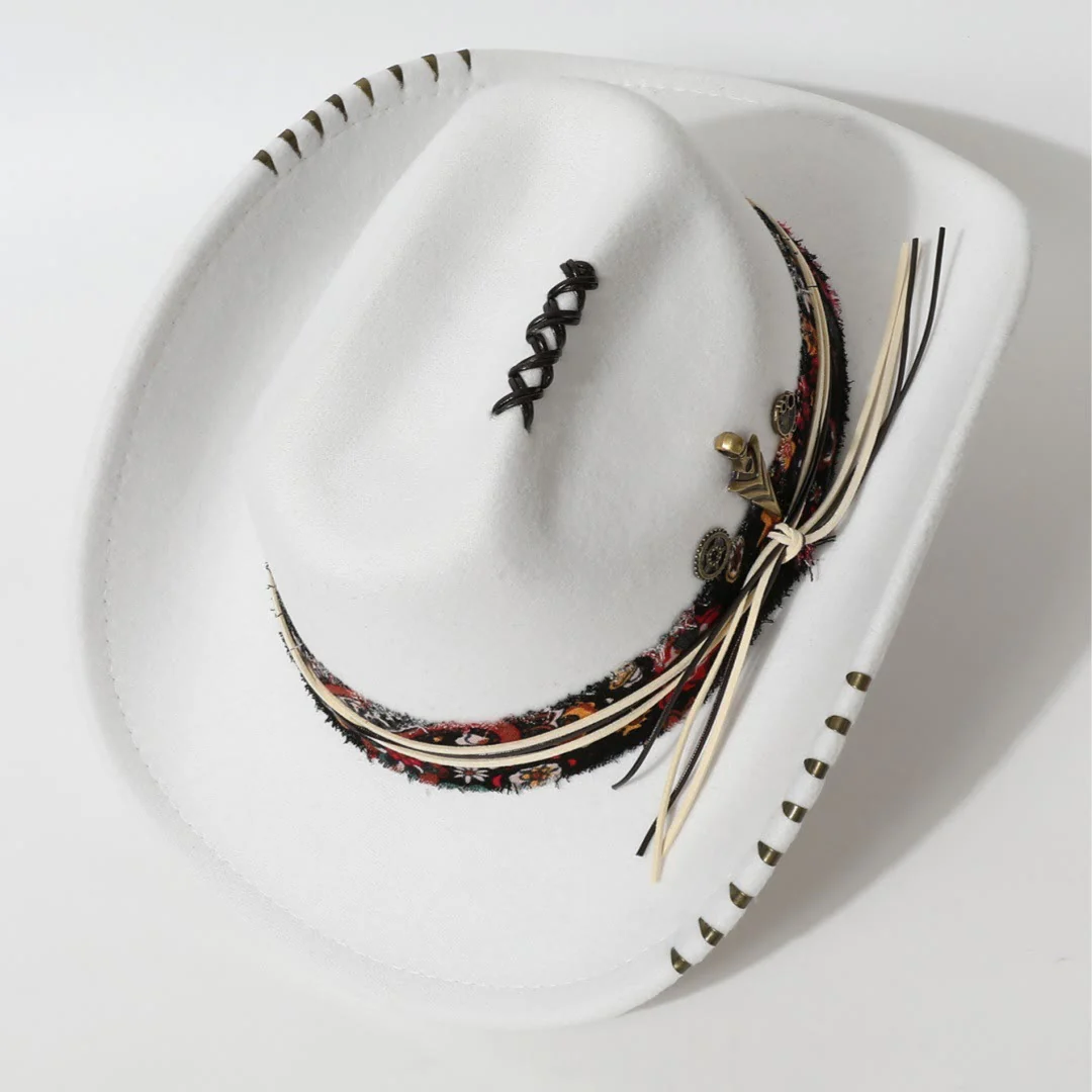 Frayed Trim Western Style Feather Accent Cowboy Hat - Image 6