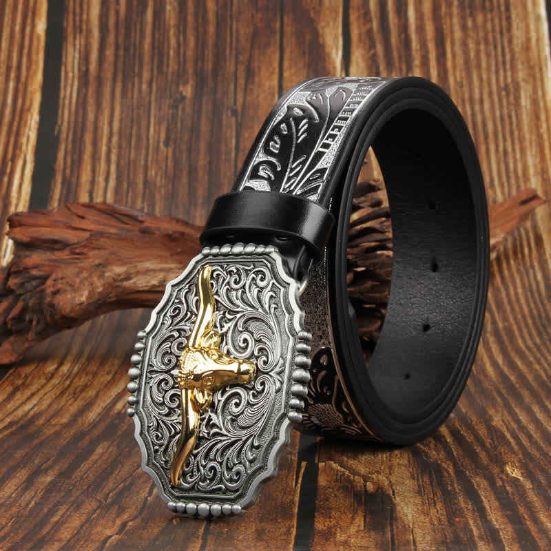 Weatern Gold Longhorn Bull Head Colorful Leather Belt - Image 10