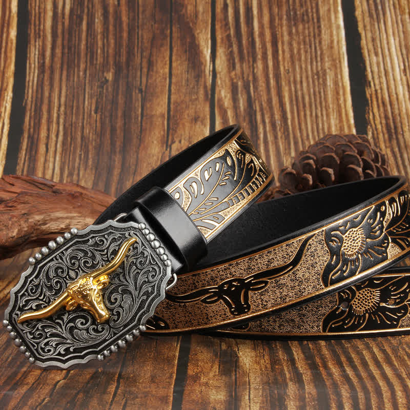 Weatern Gold Longhorn Bull Head Colorful Leather Belt - Image 3