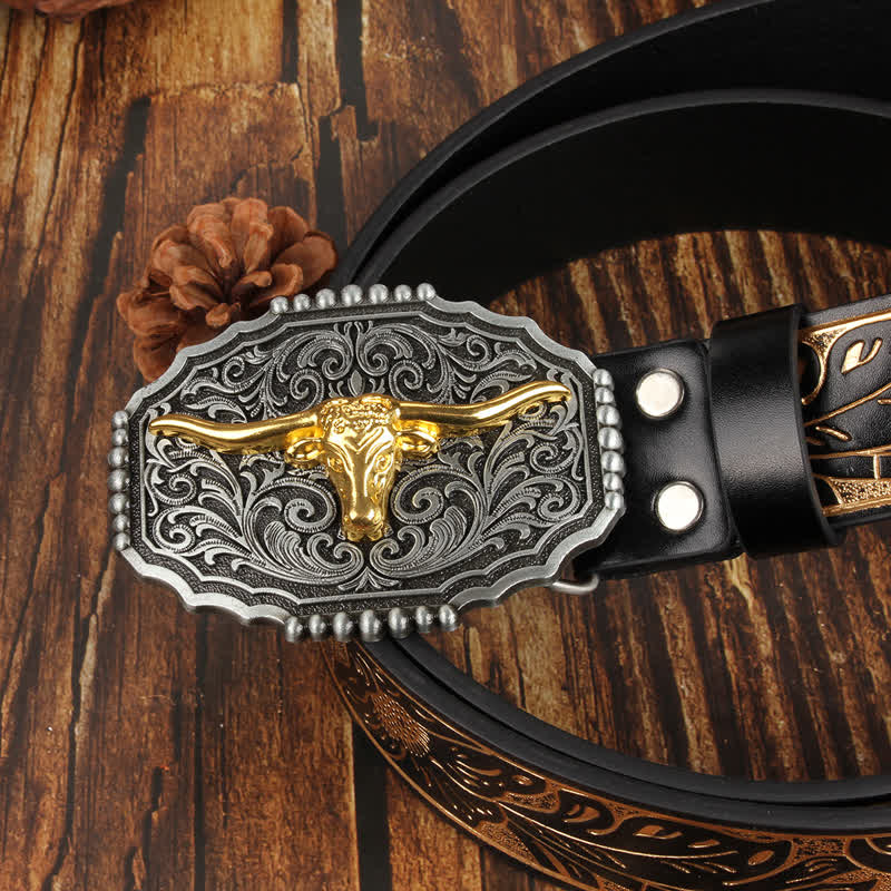 Weatern Gold Longhorn Bull Head Colorful Leather Belt - Image 4