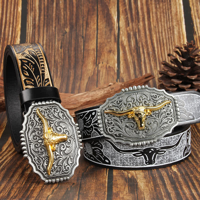 Weatern Gold Longhorn Bull Head Colorful Leather Belt - Image 6