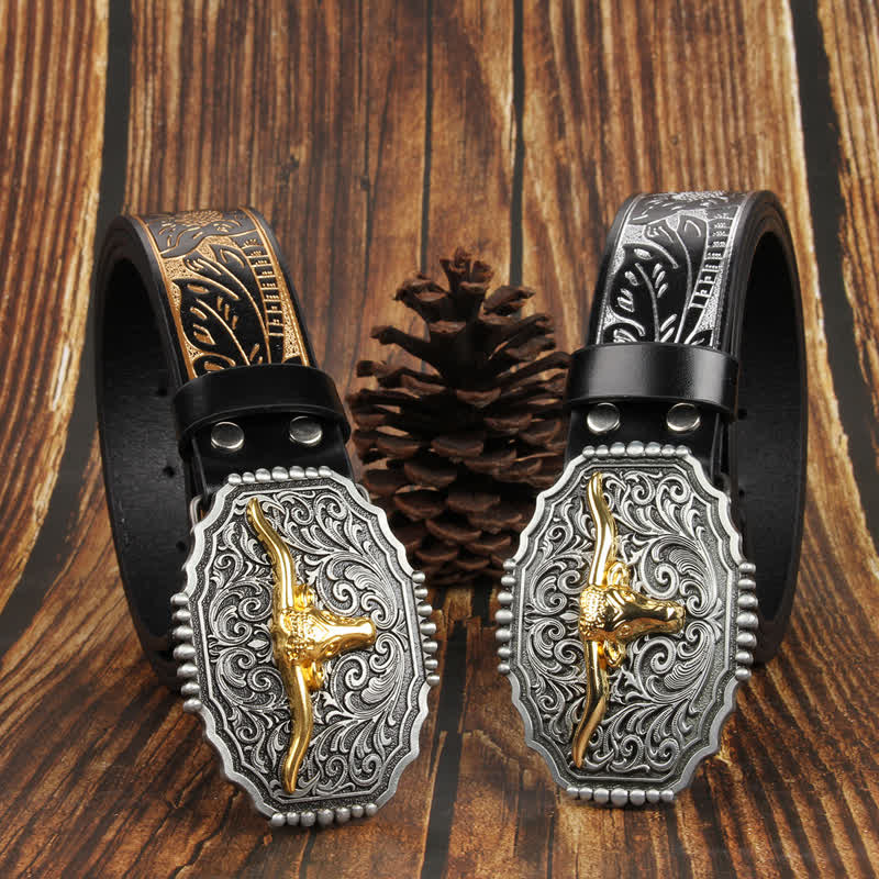Weatern Gold Longhorn Bull Head Colorful Leather Belt - Image 7