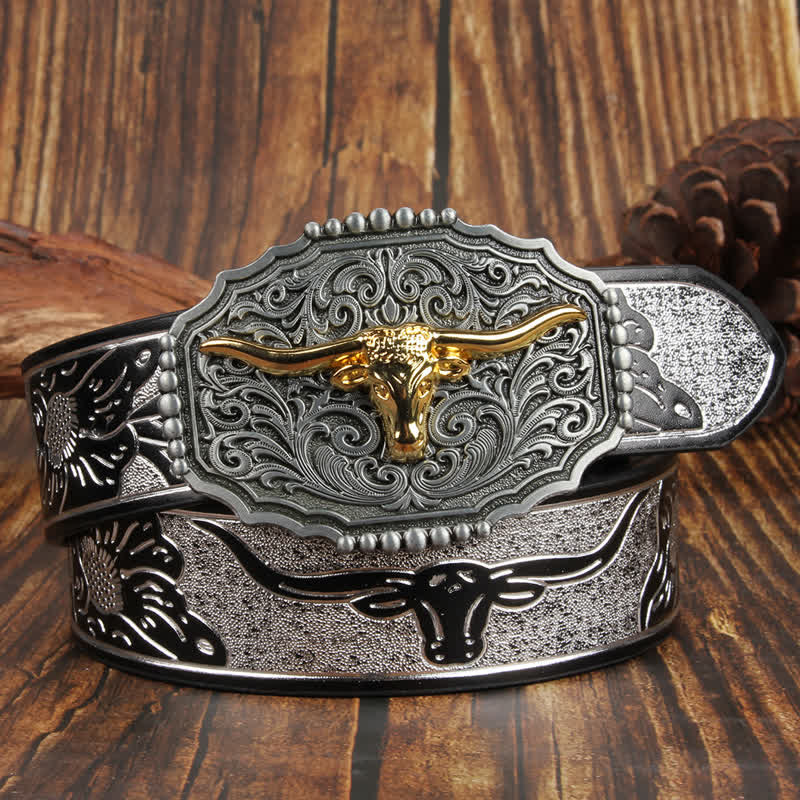 Weatern Gold Longhorn Bull Head Colorful Leather Belt - Image 9