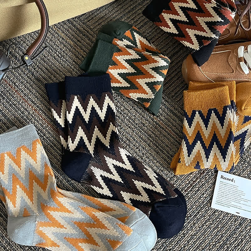 Funky Retro Zigzag Pattern Cotton Crew Socks - Image 5