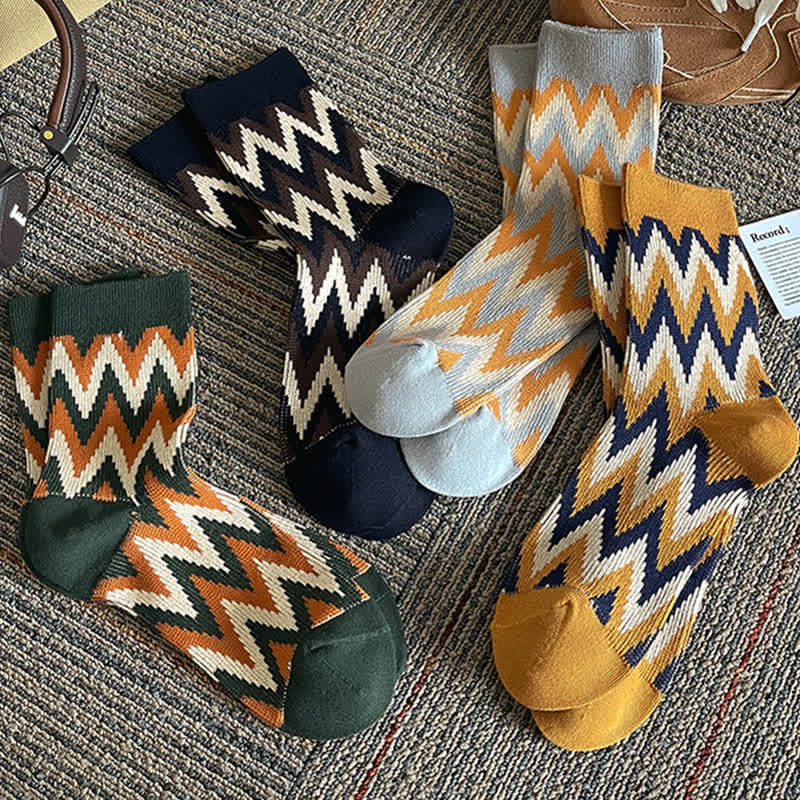 Funky Retro Zigzag Pattern Cotton Crew Socks - Image 6