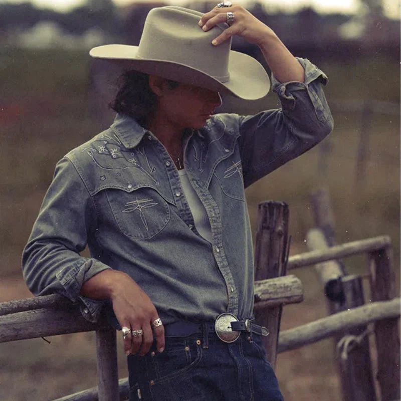 Gambler Embroidered Washed Denim Western Cowboy Shirt - Image 3